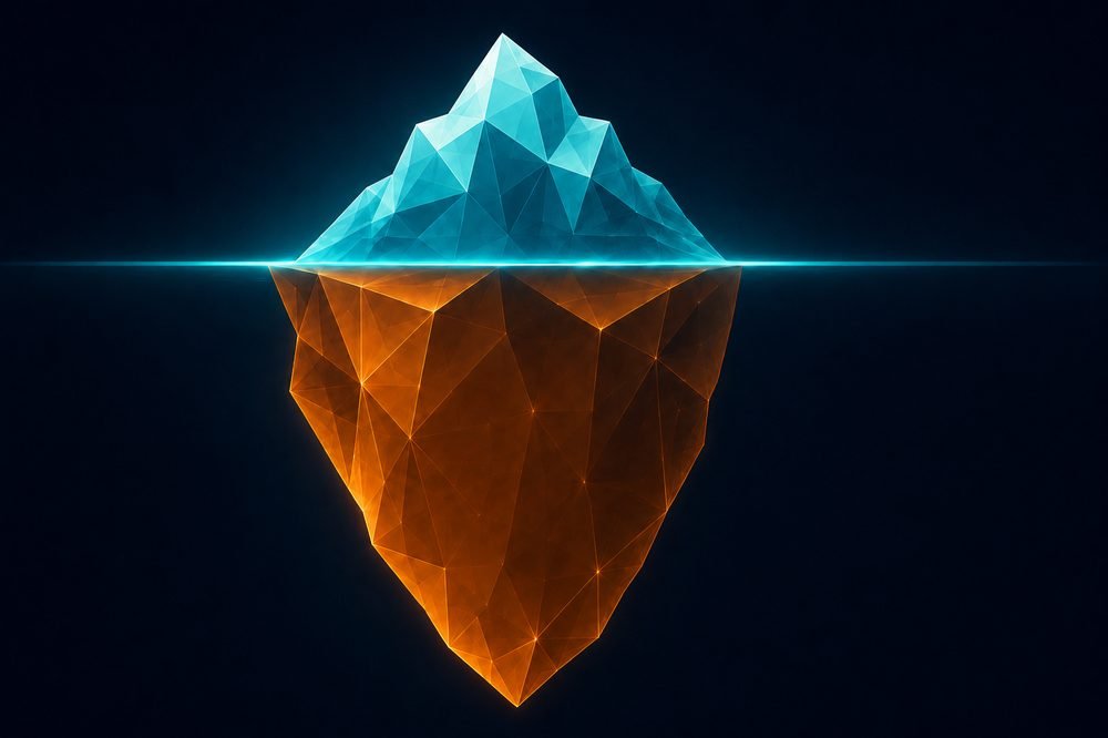 An iceberg in TheAX colours: a small teal tip above the waterline labelled the visible layer, and a much larger orange mass glowing beneath it - the invisible layer, which lives in senior people's heads.